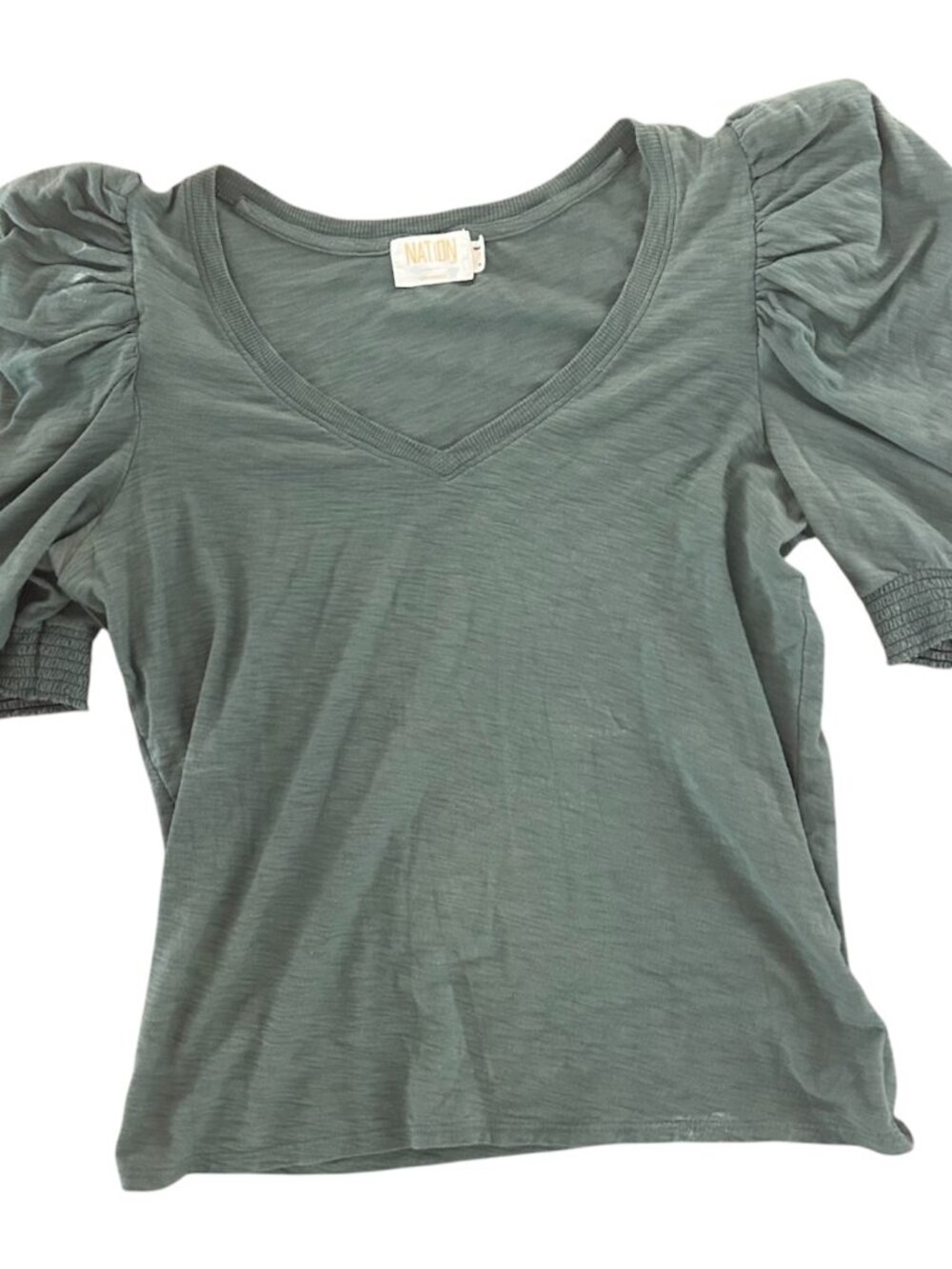Nation LTD Celine Puff Sleeve Smocked Tee Pine Green Pima Cotton Size Small - Picture 14 of 14